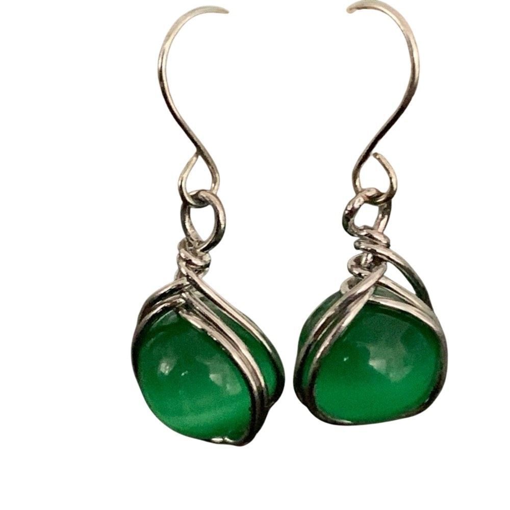 Faux Jade or Faux Aventurine Dangle Earrings - Round Green Stone in Silver Tone